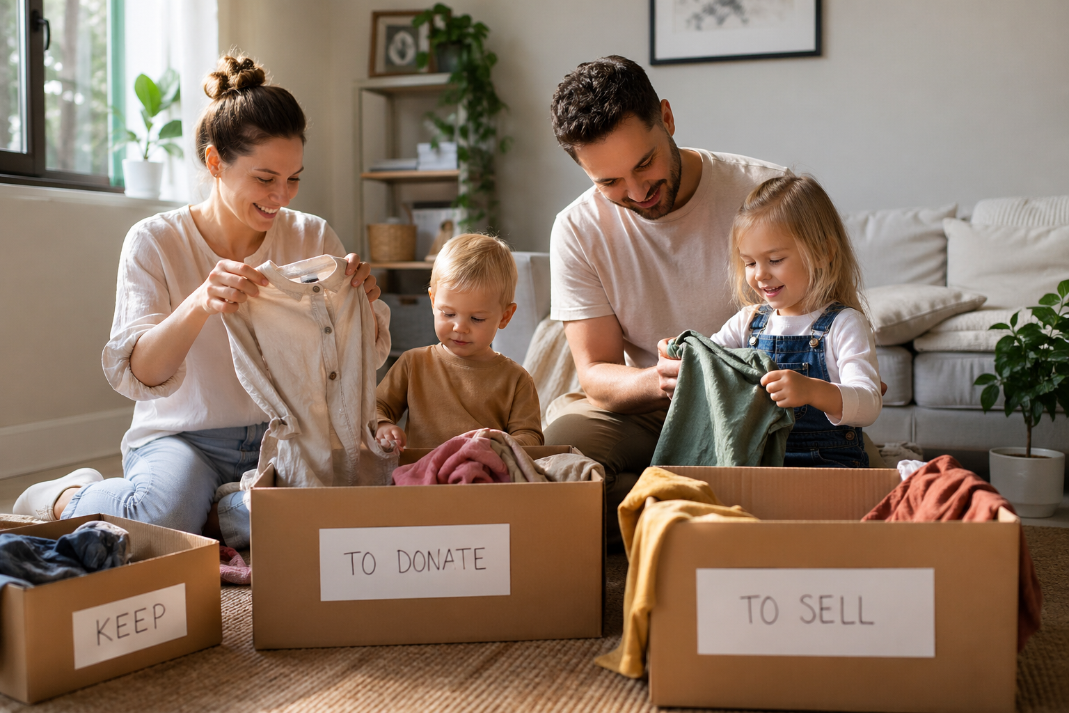 famille tri vêtements enfants seconde main