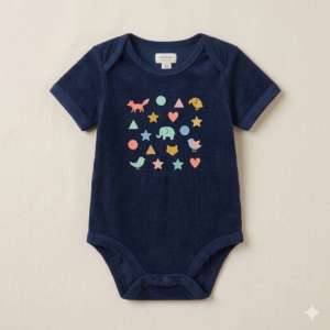 body 8 mois bébé, bleu marine motif enfants pastel