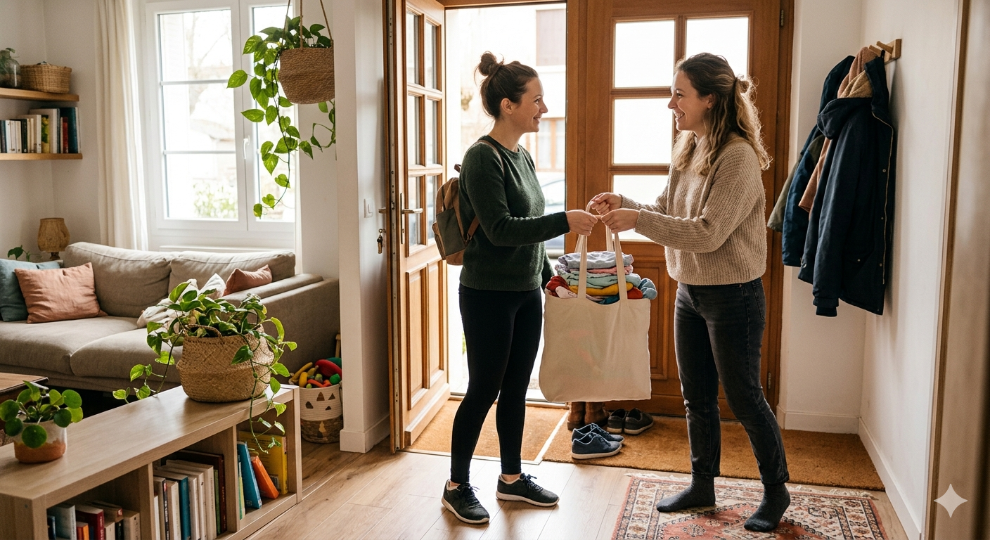 Collecte de vêtements enfants à domicile entre une maman et un service de seconde main